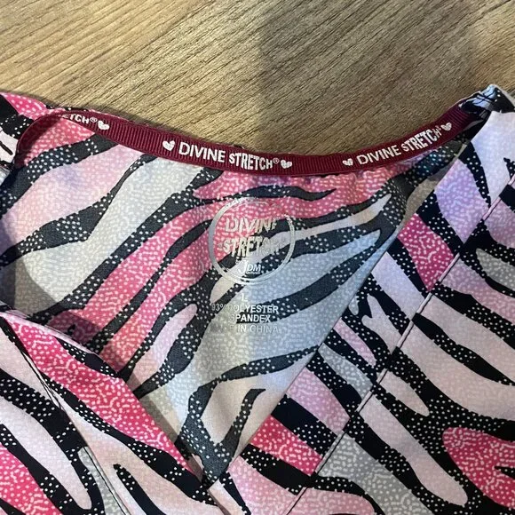 DIVINE STRETCH Pink Zebra Print Scrub Top - Picture 2 of 3